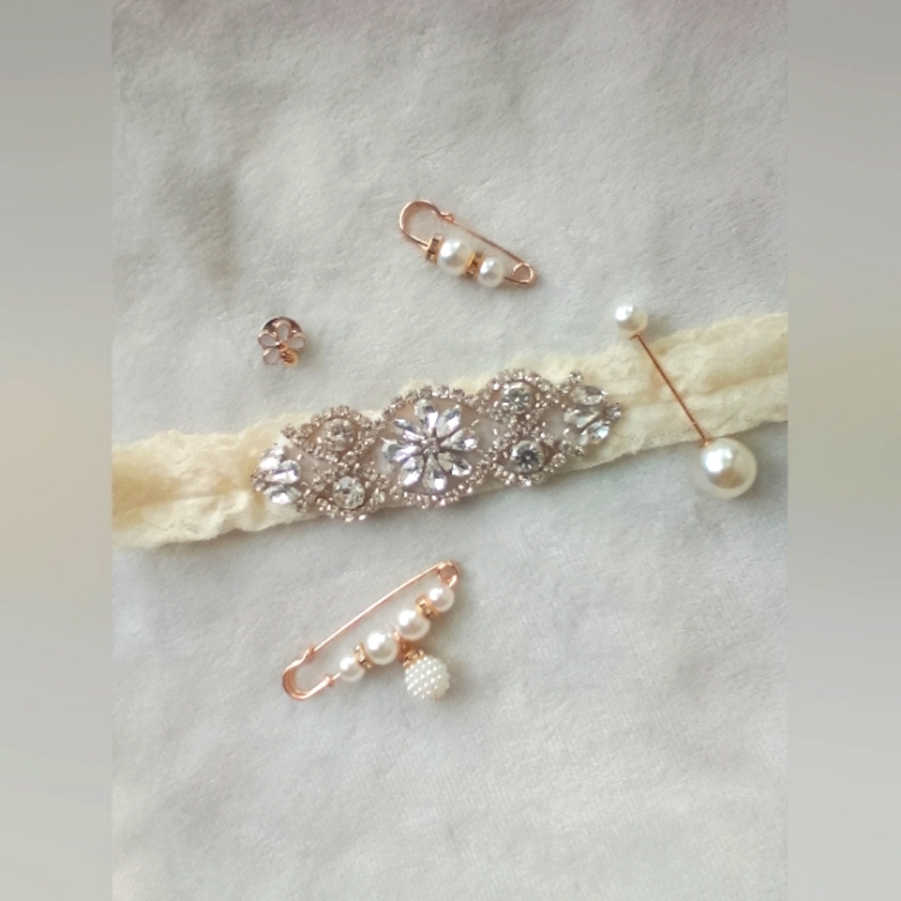 Vintage Ivory Crystal Pearl Lace Non-slip Wedding Garter Pin Barrett Bundle Set - Picture 5 of 13